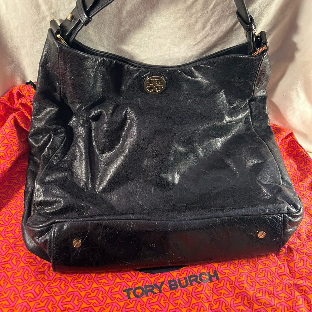 Tory Burch Black Leather Hobo Bag with Gold Accents